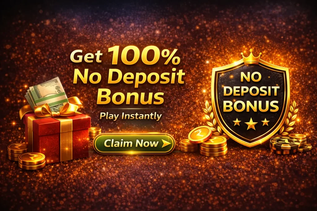 Rummy Modern no deposit bonus banner with glowing background, gold coins, gaming elements, and claim button inviting players to start playing instantly