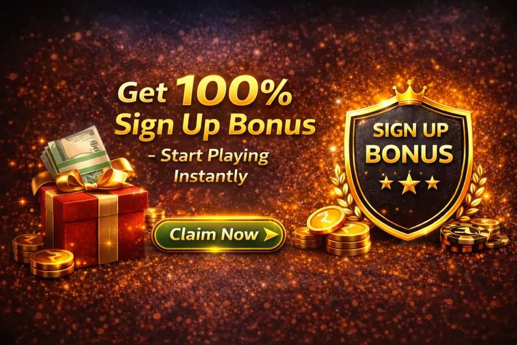 Rummy Modern sign up bonus banner with gold background, gift box, coins, VIP shield, and claim button inviting players to start playing instantly