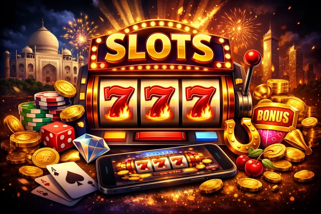 Rummy Modern slots banner featuring a mobile screen with spinning reels, glowing casino symbols, coins, and dynamic lights highlighting fast and smooth slot gameplay