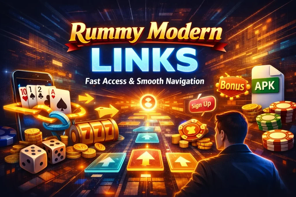 Rummy Modern Links banner with smartphone, playing cards, casino elements, and glowing navigation paths highlighting fast access and smooth platform navigation
