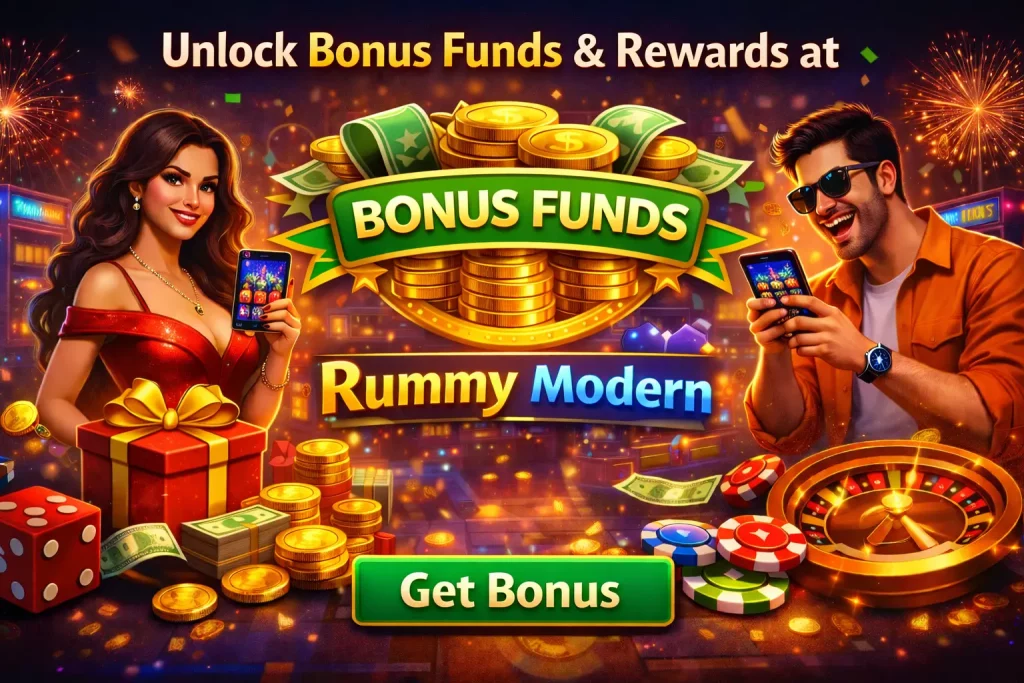 Rummy Modern bonus funds banner showing coins, balance increase, playing cards, and mobile gameplay on a dark casino-style background