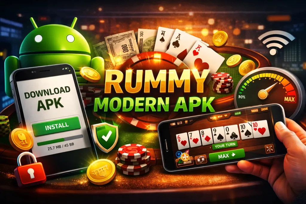 Rummy Modern APK banner with Android device, mobile download screen, playing cards, casino chips, and symbols highlighting fast installation and mobile gameplay