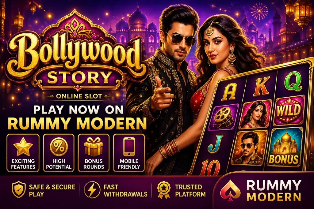 Bollywood Story slot banner featuring colorful Indian cinema theme, glamorous characters, golden reels with symbols, and vibrant lights highlighting bonus features and engaging gameplay.