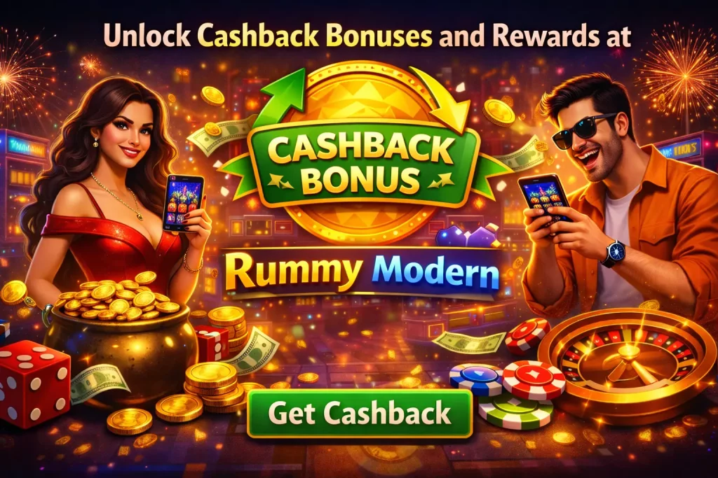 Rummy Modern cashback bonus banner showing coins, percentage icons, and mobile gameplay with players enjoying rewards on a dark casino-style background