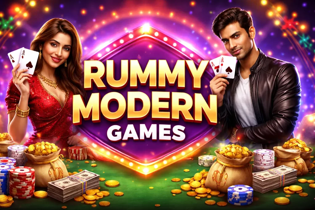Rummy Modern Games banner with players holding cards, glowing casino elements, chips, coins, and a vibrant mobile gaming atmosphere highlighting fast and immersive gameplay