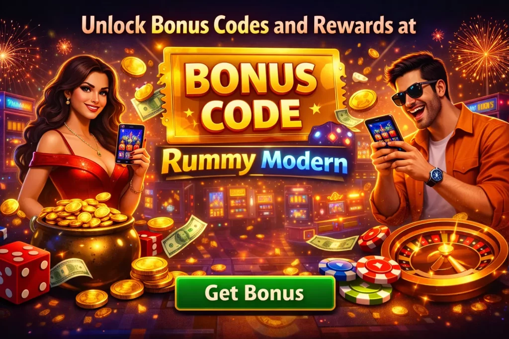 Rummy Modern bonus code banner featuring gold coins, playing cards, cashback icons, and mobile gameplay on a vibrant casino-style background