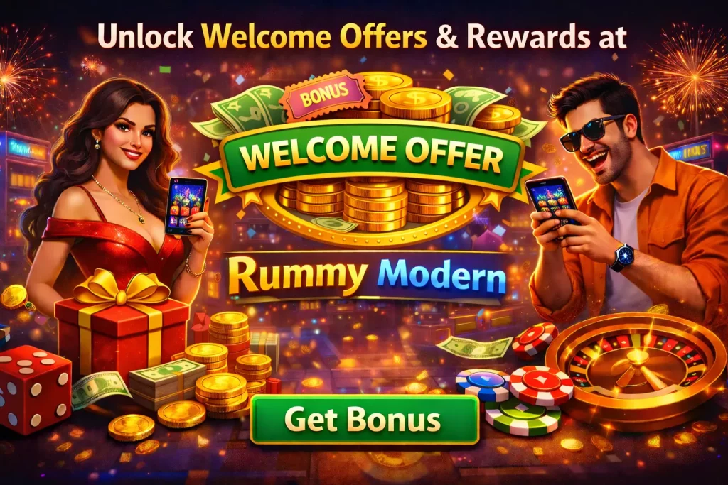 Rummy Modern welcome offer banner with gold coins, casino chips, bonus rewards, and players using smartphones in a festive casino-style setting