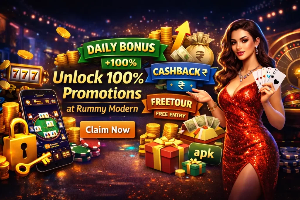 Rummy Modern coupons banner showing 100% coupon offer with deposit, cashback, free entry, and loyalty rewards, featuring cards, coins, and mobile gameplay in a colorful casino-style scene.