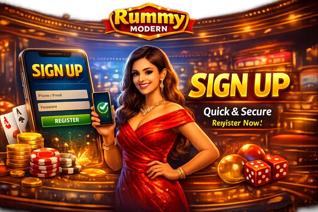 Rummy Modern sign up banner featuring a mobile registration screen, casino elements like cards and chips, and a stylish player highlighting fast and secure account creation