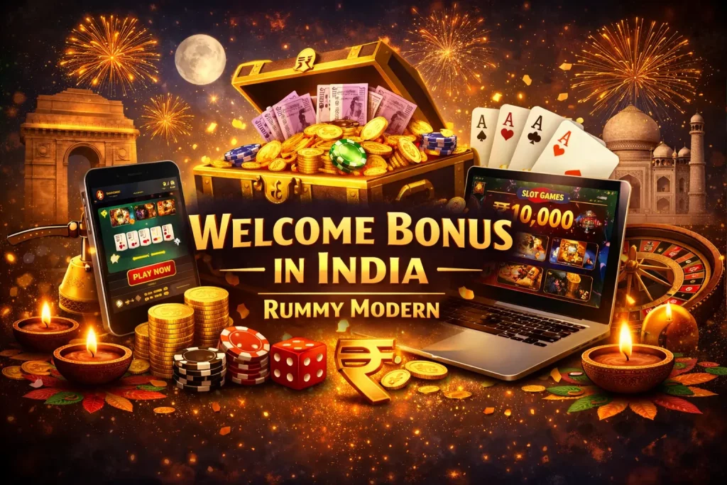Rummy Modern welcome bonus banner for India featuring gold coins, playing cards, casino chips, mobile and laptop gameplay, and festive lights on a vibrant background