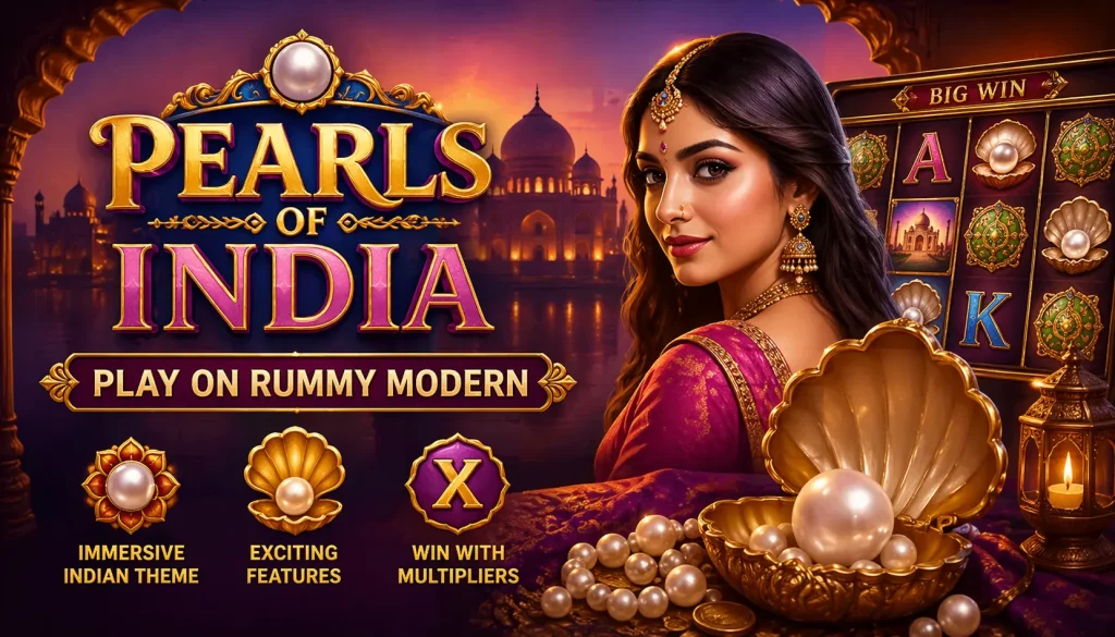 Pearls of India slot banner with Indian woman, golden pearls, and luxury casino theme on Rummy Modern