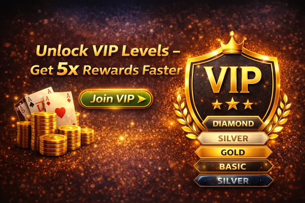 Rummy Modern VIP program banner with gold background, crown badge, coins, playing cards, and Join VIP button highlighting premium levels and rewards