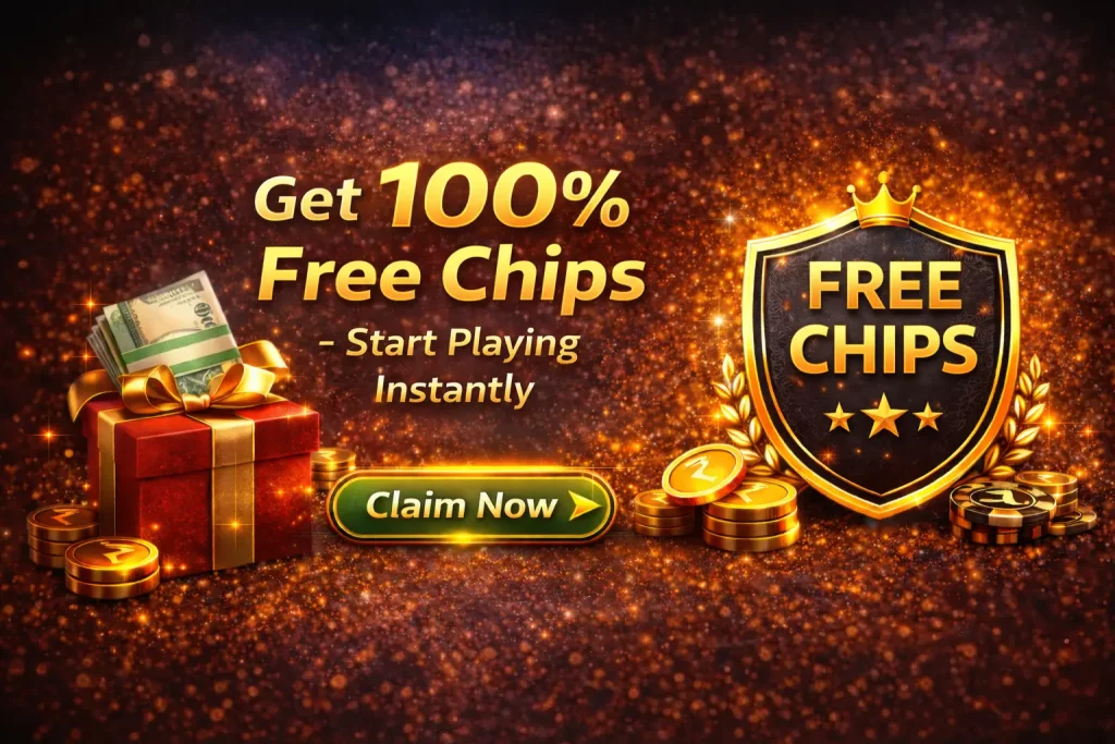 Rummy Modern free chips banner with glowing dark background, gold coins, playing cards, and claim button encouraging players to start playing instantly