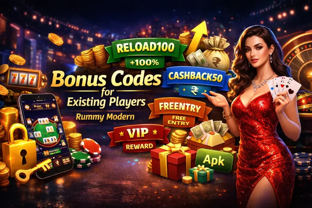 Rummy Modern bonus codes for existing players with smartphone gameplay, gold coins, cards, and promotional offers like reload, cashback, and free entry displayed in a vibrant casino-style scene.
