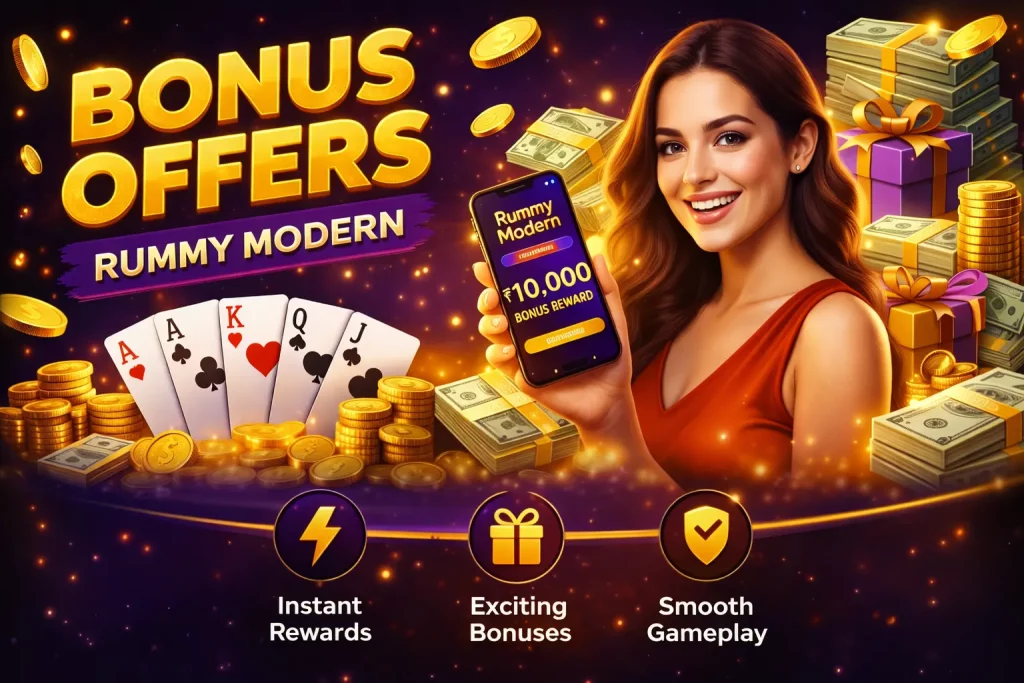 Rummy Modern bonus offers banner with gold coins, playing cards, cashback symbols, and reward icons on a vibrant casino-style background