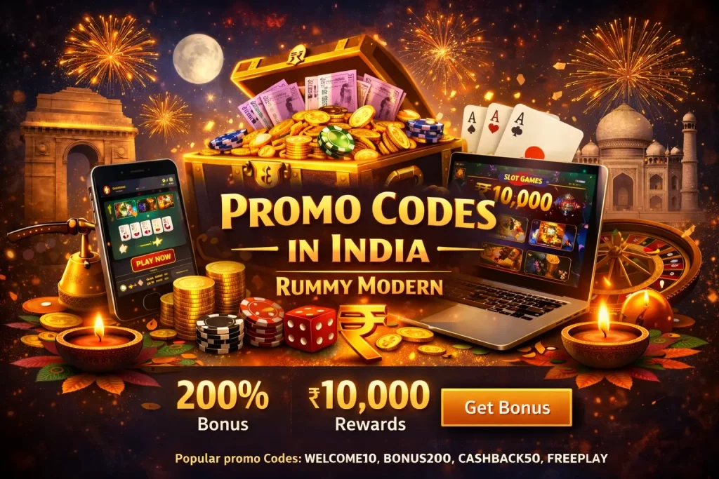 Rummy Modern promo codes banner for India featuring ₹10,000 rewards, 200% bonus, gold coins, playing cards, and mobile and laptop gameplay on a festive background