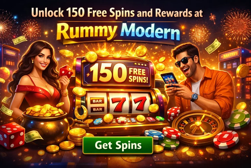Rummy Modern banner showing 150 free spins offer with slot machine, gold coins, casino chips, and players using mobile devices on a bright festive background