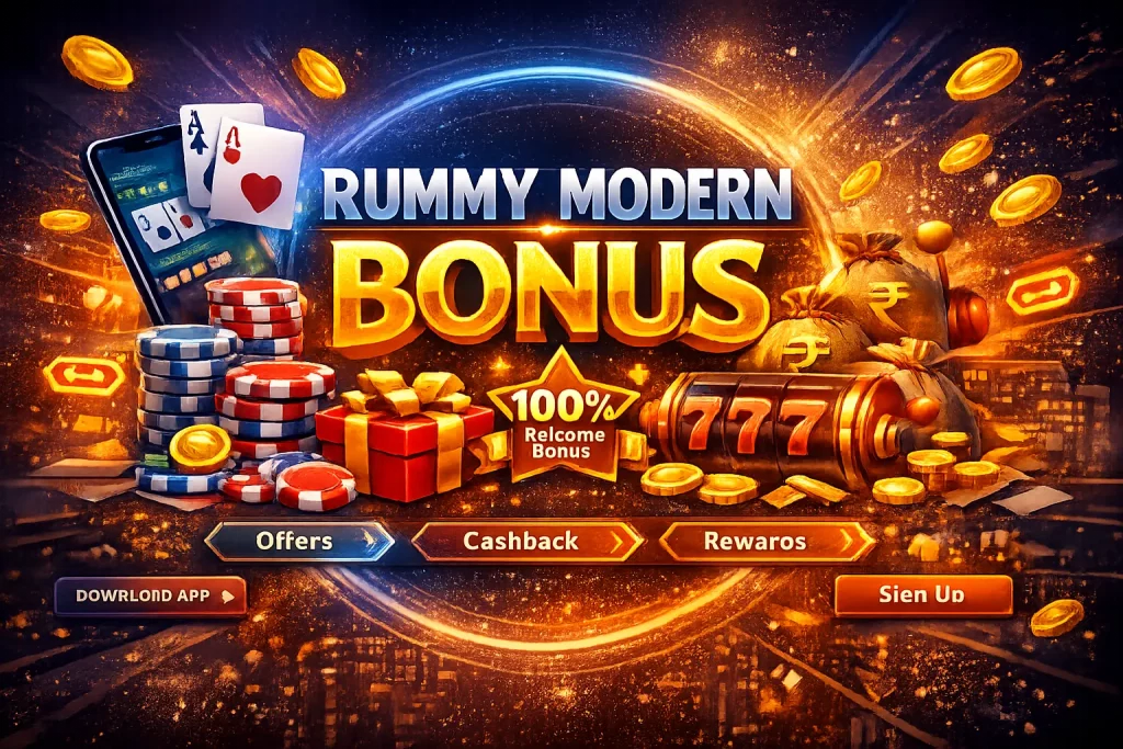 Rummy Modern bonus banner with glowing casino elements, playing cards, poker chips, mobile app screen, gold coins, and 100% welcome bonus offer in a vibrant gaming design