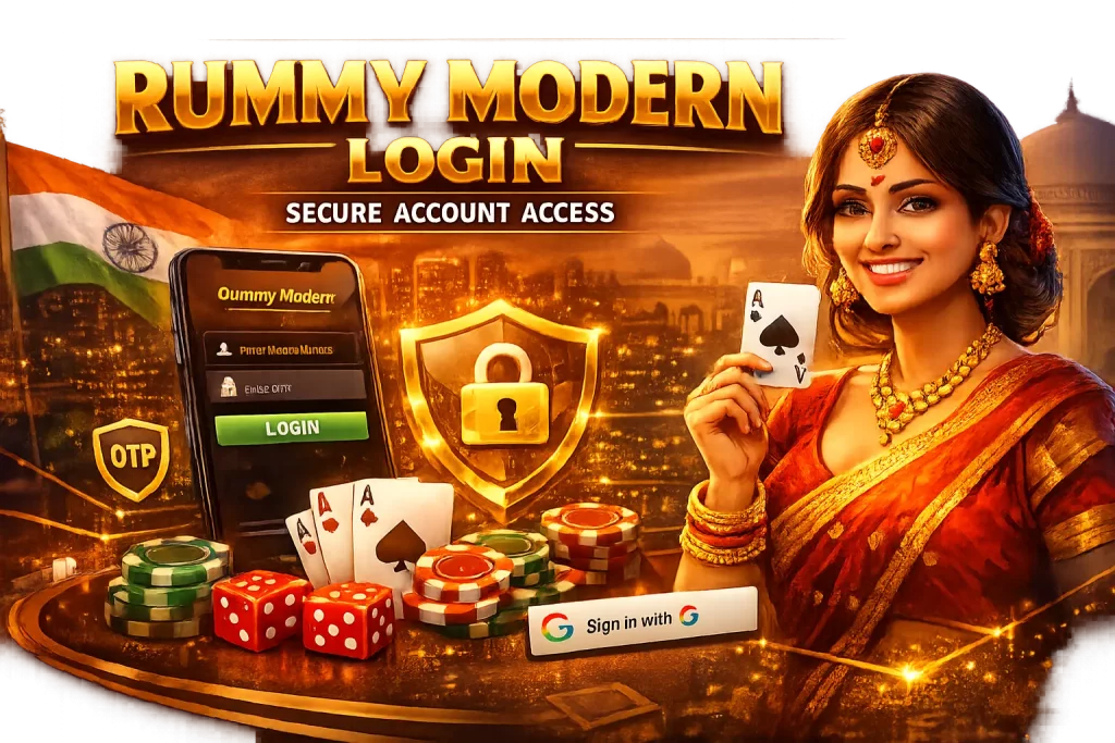 Rummy Modern login banner with mobile app screen, secure lock icon, playing cards, poker chips, and Indian-themed design representing fast and secure account access