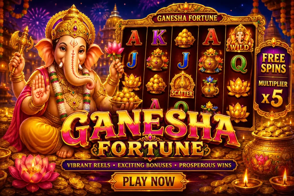 ColorfulColorful Ganesha Fortune slot scene with glowing golden reels, Indian festival decorations, lotus symbols, sparkling coins, and vibrant casino-style lighting on a dark background. slot scene with glowing golden reels, Indian festival decorations, lotus symbols, sparkling coins, and vibrant casino-style lighting on a dark background.