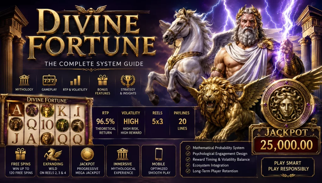 Promo banner for the “Divine Fortune” slot: Zeus with lightning bolts, mythological symbols, a slot machine, and a 25,000 jackpot.