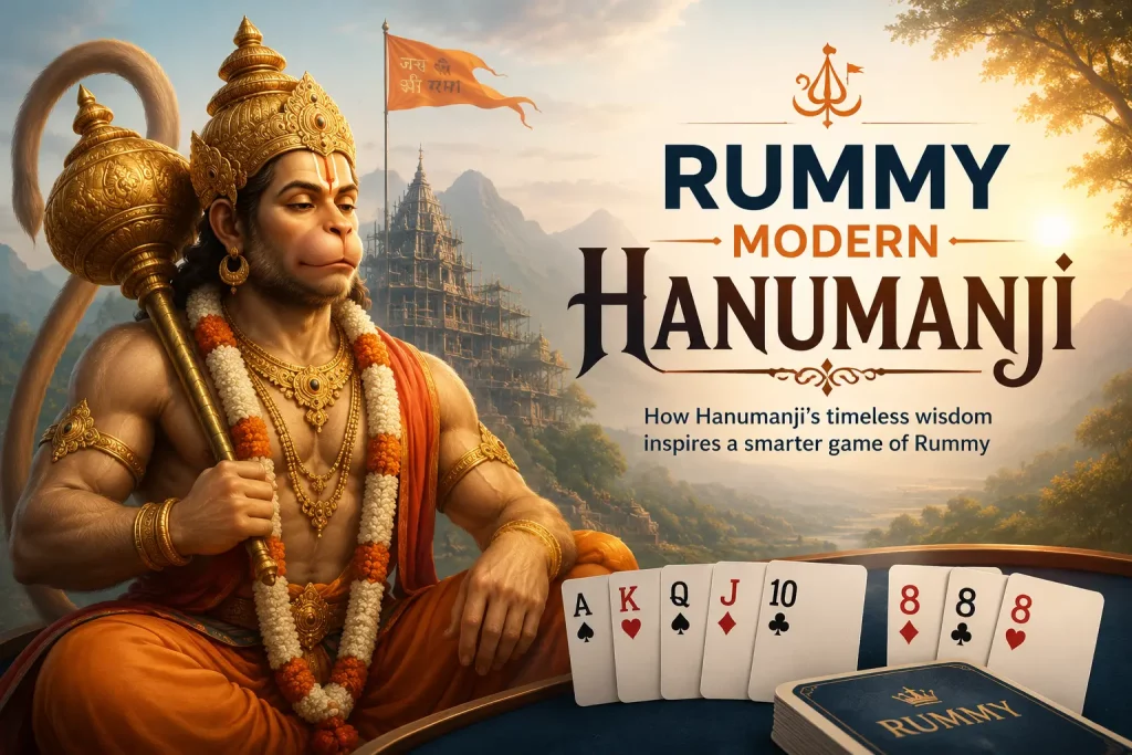 A modern landscape-style illustration featuring Hanumanji adorned in golden jewelry and orange robes, seated with a mace against a backdrop of mountains and a temple. On the right, large text reads “Rummy Modern Hanumanji,” while playing cards and a deck of rummy cards are displayed at the bottom. The scene blends traditional Indian spiritual imagery with a contemporary card game aesthetic.