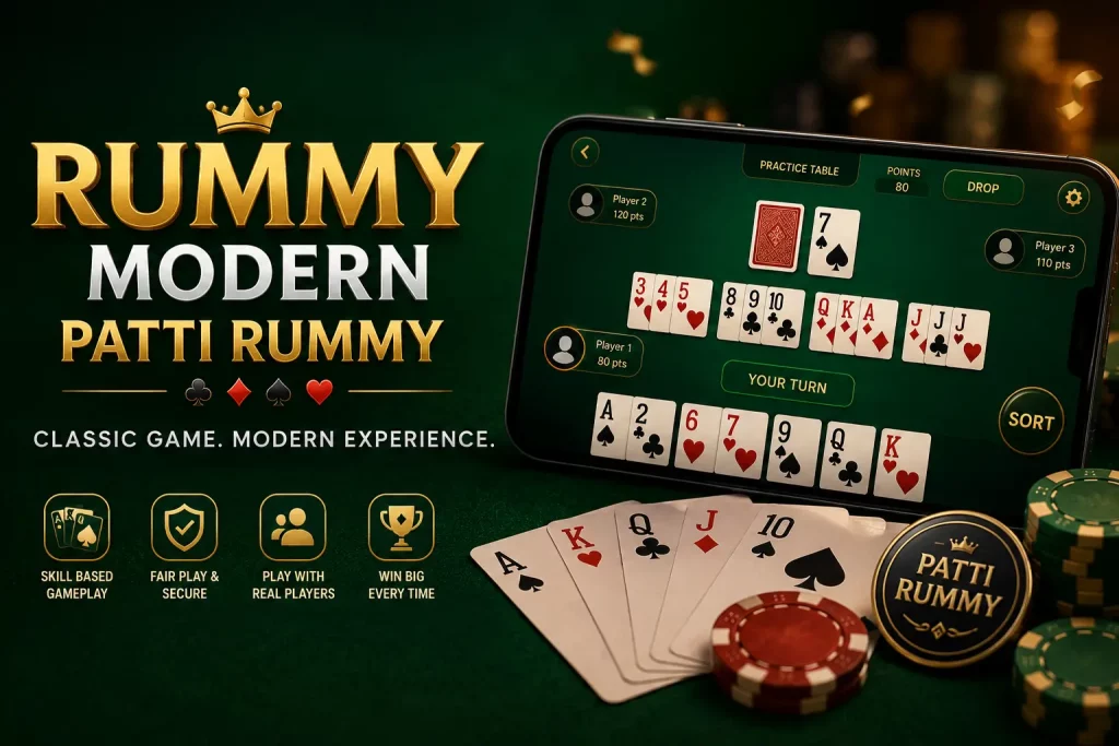 Landscape hero image for “Rummy Modern Patti Rummy” showing a glowing futuristic digital rummy table with floating playing cards, neon lighting effects, and subtle Indian-inspired patterns in a dark premium casino-style environment.