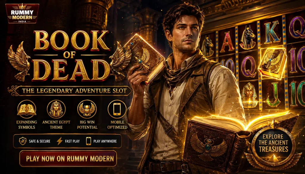 Ancient Egyptian adventure-themed Book of Dead slot banner featuring a treasure hunter holding a glowing golden book inside a mystical temple with cinematic slot reels, dramatic lighting, and premium Rummy Modern casino visuals.