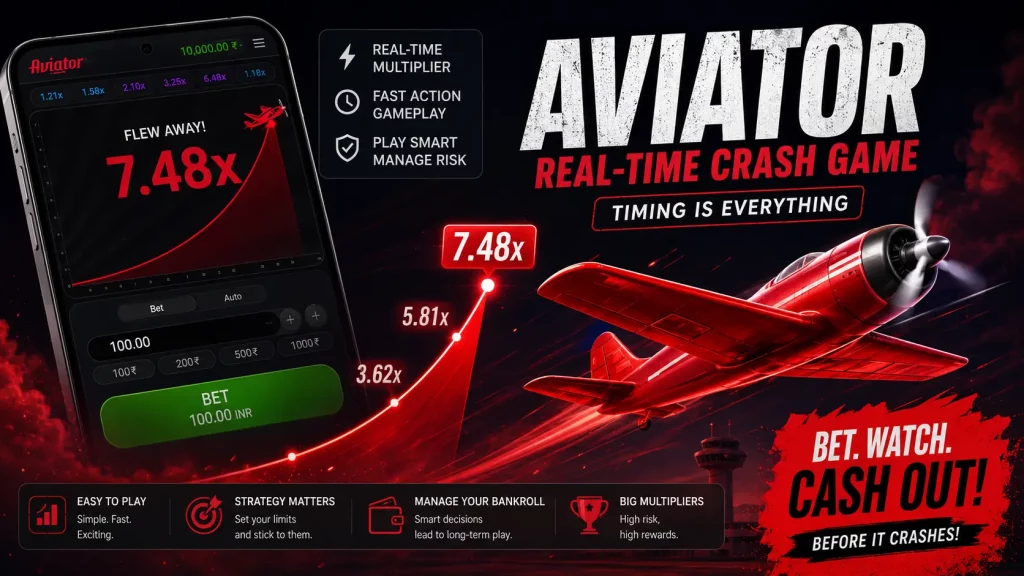 Futuristic Aviator crash game banner showing a rising airplane with increasing multipliers, representing real-time betting, risk, and cash-out timing in a dark neon gaming interface.
