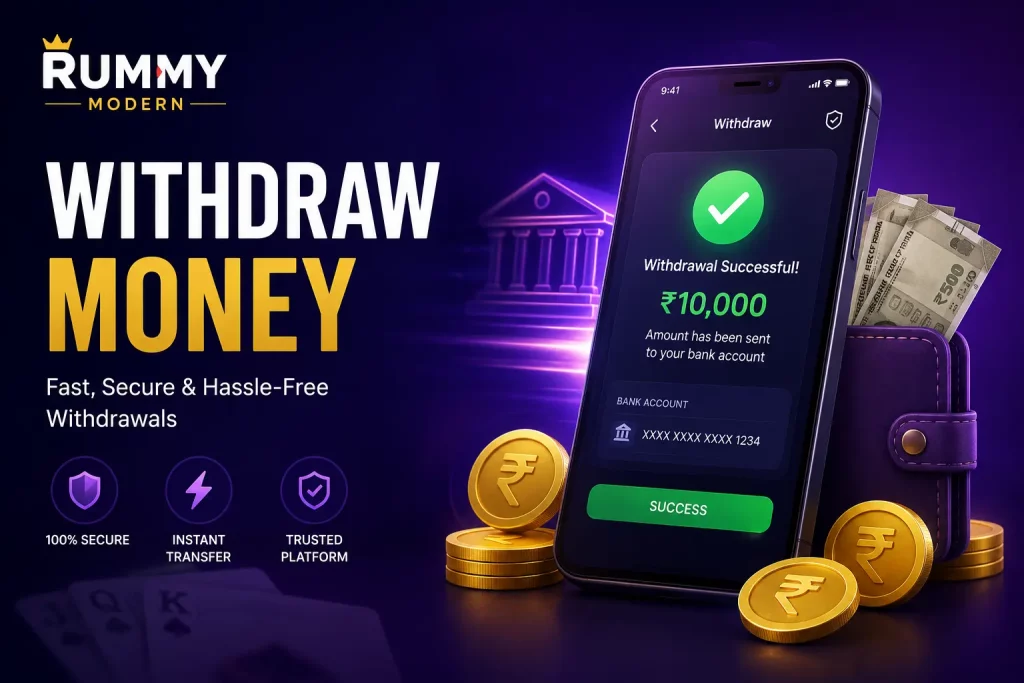 Wide promotional banner for Rummy Modern showing a secure money withdrawal feature on a smartphone screen, with gold coins, a wallet, and the message “Withdraw Money” on a purple background, highlighting fast and hassle-free withdrawals.