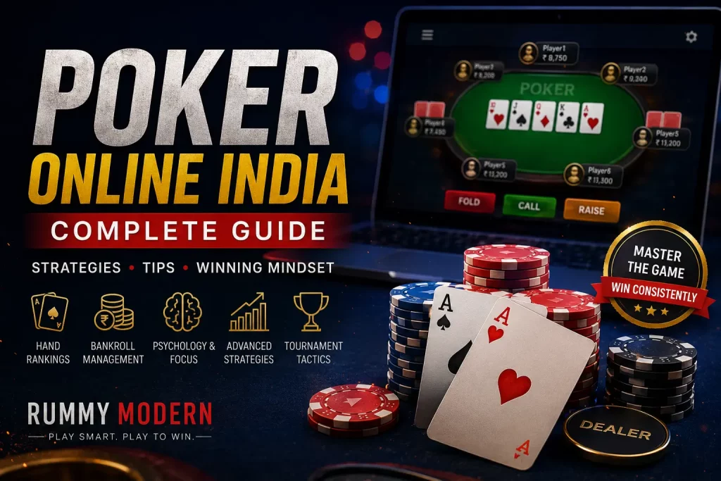 Poker Online India guide banner featuring playing cards, poker chips, tournament strategy icons, and an online poker table on a laptop screen, illustrating bankroll management, winning tactics, and advanced poker skills for Rummy Modern players.