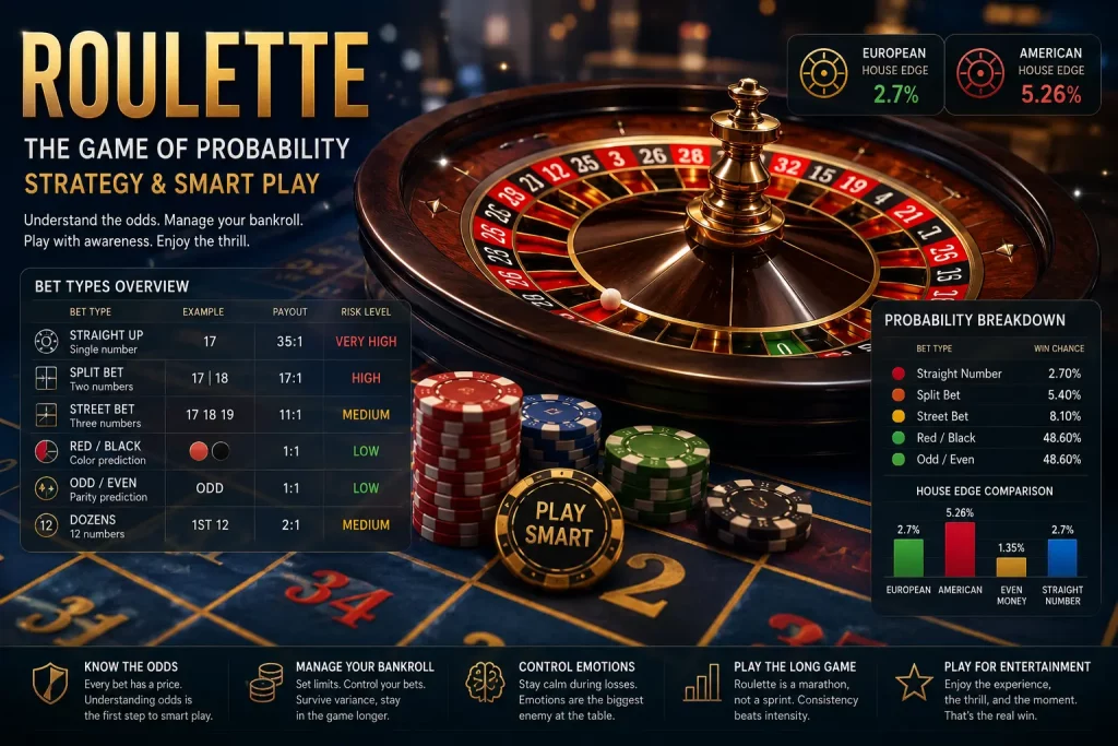 A high-quality promotional infographic of a roulette table showing a spinning wheel, chips, and detailed betting information, including probability breakdowns, house edge comparisons for European and American roulette, and strategy tips such as bankroll management and responsible play.
