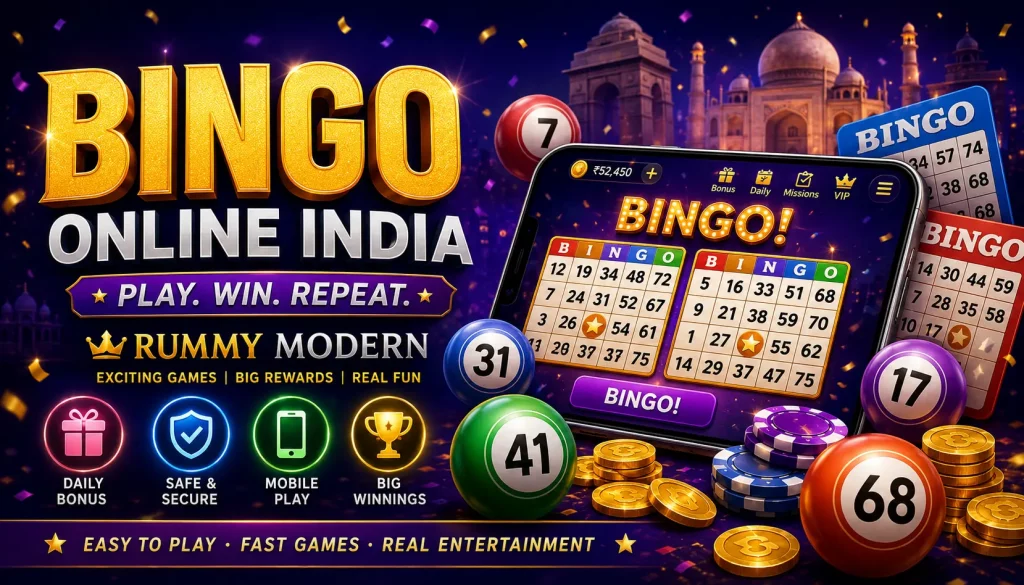 Promotional banner for Bingo Online India featuring a mobile bingo game interface, gold 3D ‘BINGO’ title, bingo balls, coins, chips, and a royal-themed background with Indian landmarks, highlighting rewards, bonuses, and mobile play features.