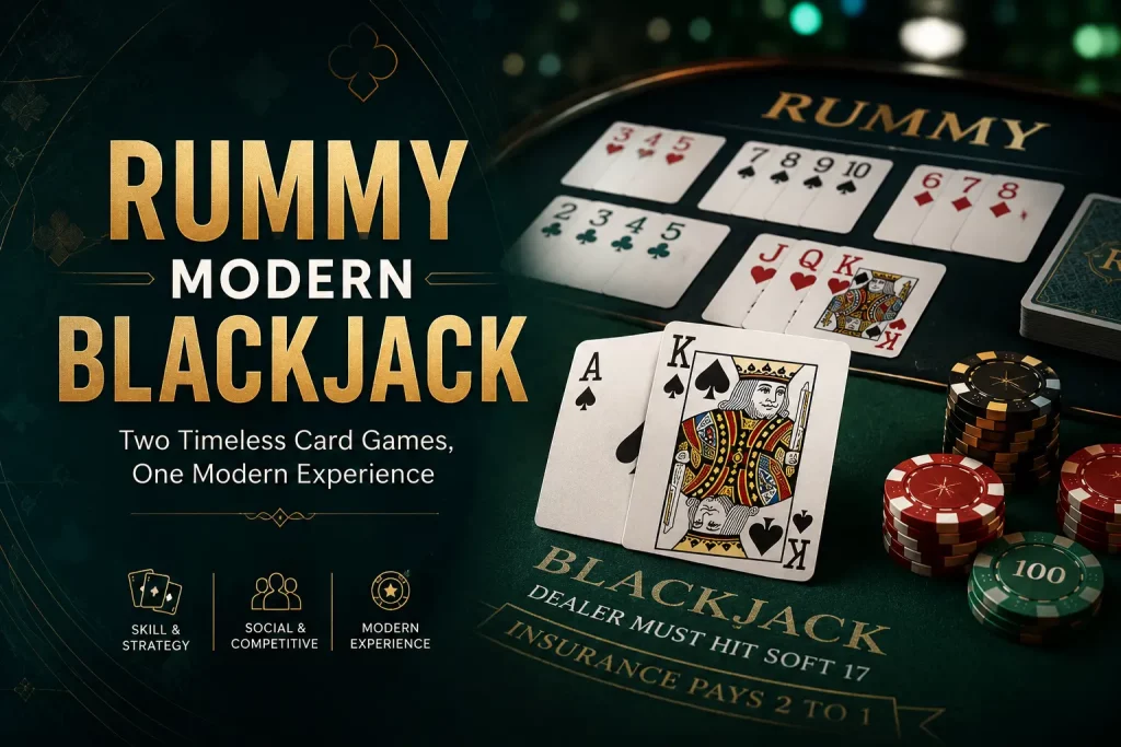 High-quality cinematic casino banner for “Rummy Modern Blackjack,” featuring a dark green felt table, playing cards arranged in winning hands, and stacks of poker chips. The left side highlights bold gold typography “RUMMY MODERN BLACKJACK” with a modern subtitle about card games, while the right side shows detailed blackjack and rummy-style cards in play, creating a luxurious, competitive gambling atmosphere.